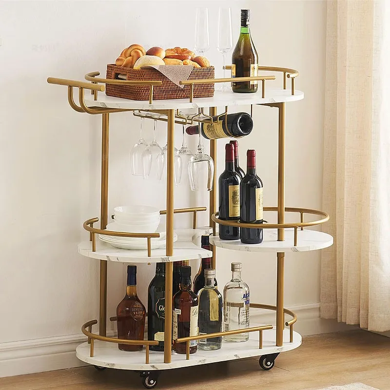 عربة طعام النبيذ الأوروبية المكونة من ثلاث طبقات عربة من الحديد المطاوع لتخزين المنزل وعربة أدوات من الرخام الاصطناعي #1
