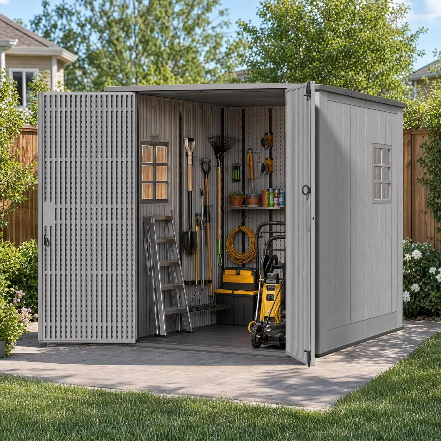 6x6 FT Resin Outdoor Storage Shed with Floor, Double-Wall HDPE Garden Shed with Lockable Doors, Window & Vents