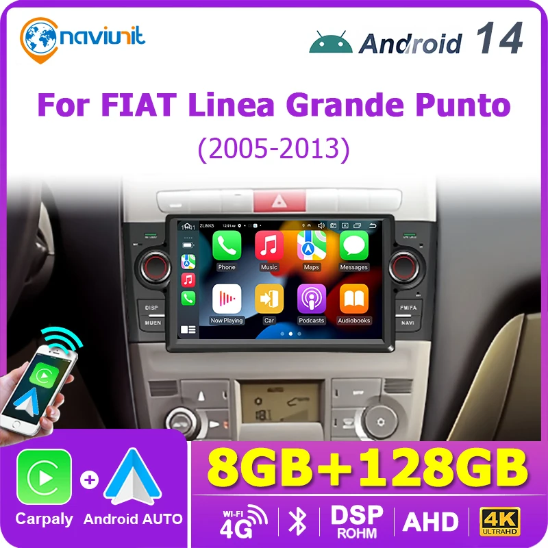 7'' Screen Android 14 Auto Car Radio Carplay Multimedia player 2 din For Fiat Grande Punto Linea 2005-2013 autoradio Stereo GPS