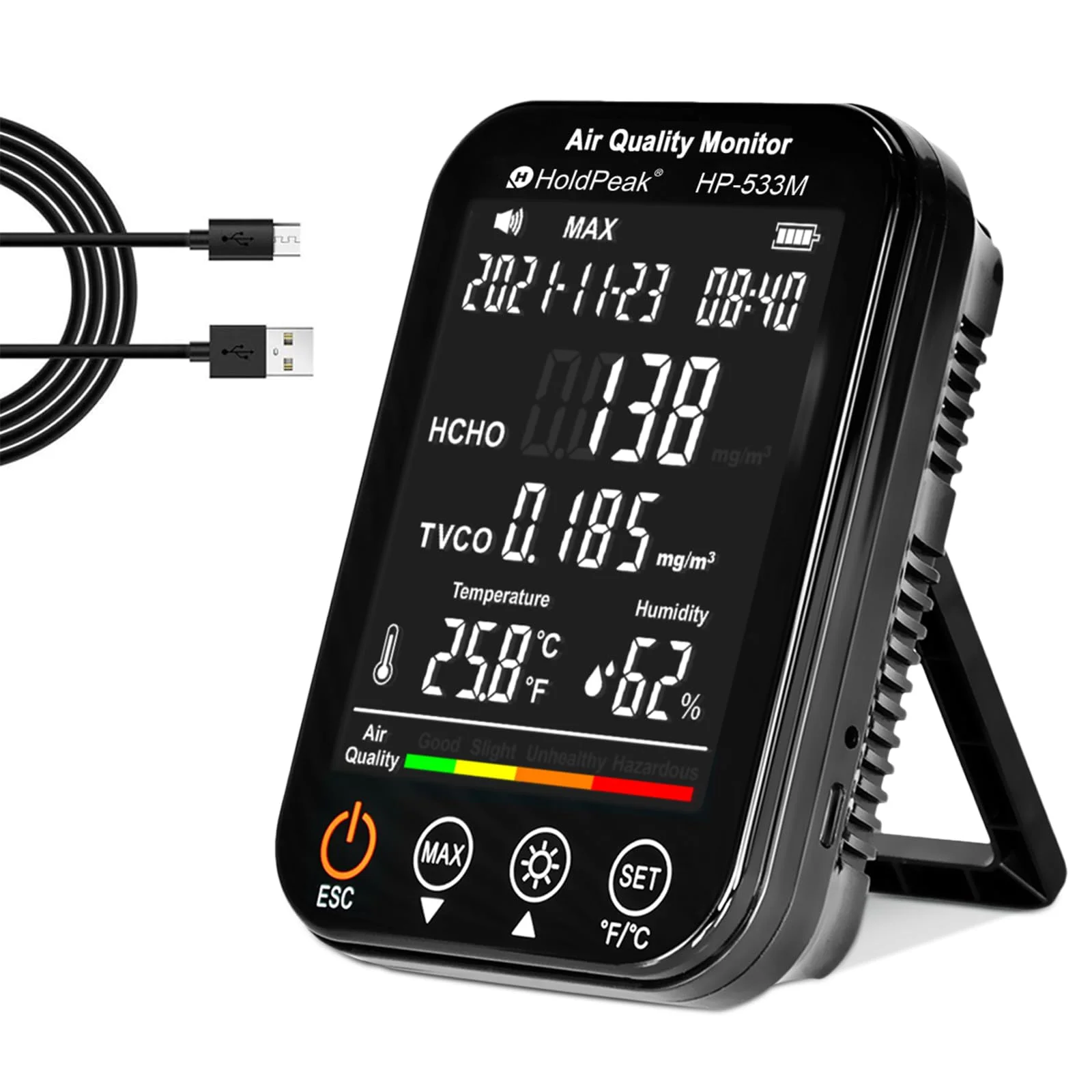 

Portable Air Quality Monitor 4-in-1 Indoor Air Quality Monitor with HCHO, TVOC, Temperature (℃/℉) & Humidity Sensor