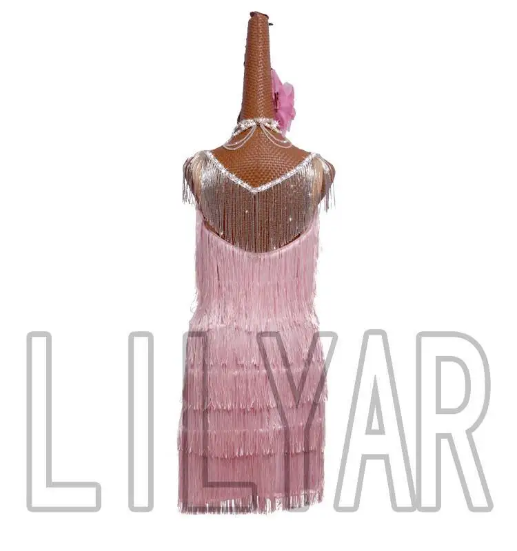 ชุดเต้นรำลาตินใหม่พร้อมเข็มขัด, เดนิมชาชา, เด็กและผู้ใหญ่สีชมพูอ่อนกลวงสูงผ่าพู่สไตล์เต้นรำ