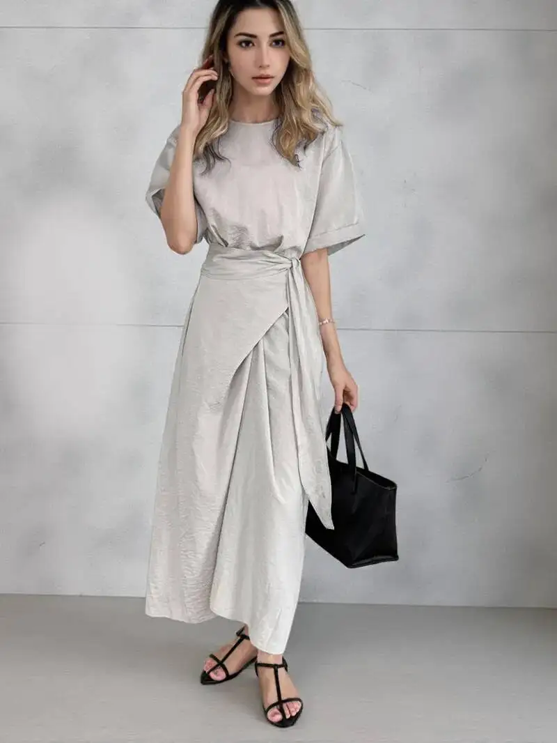 عبر التعادل قصيرة الأكمام فستان طويل الصيف الخصر التخسيس ألف خط تي شيرت فستان عادية الكورية فساتين النساء 2025 جديد 3EEA