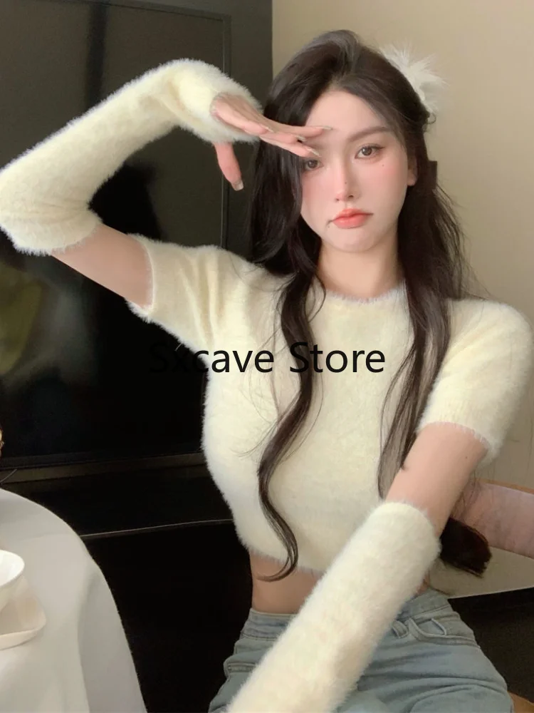 Fur Knitted Sweater Women Design Casual Outwear Chic Y2k Crop Tops Female Long Sleeve Korean Style Slim Pullover 2022 Spring