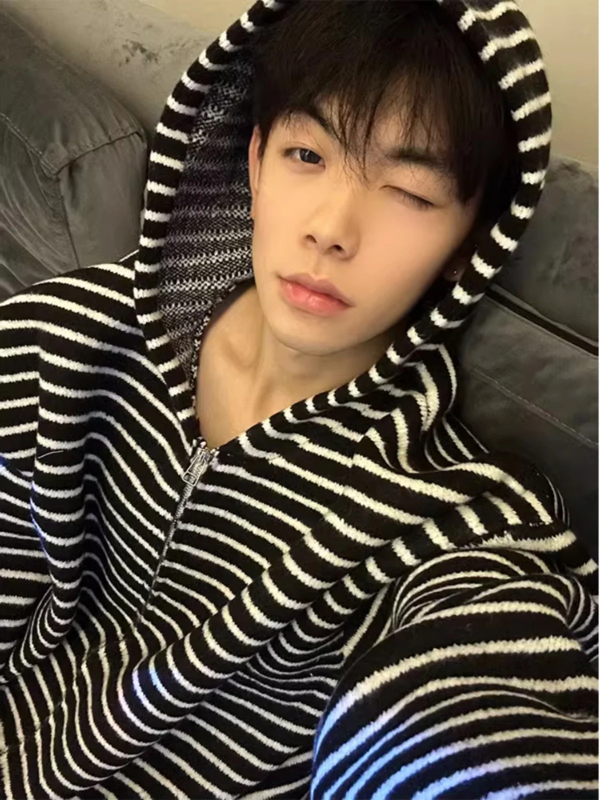 Laid-back Style Long Sleeve Striped Hooded Zipper Open Cardigan Sweater Unisex Trendy Korean Loose Knitted Outerwear