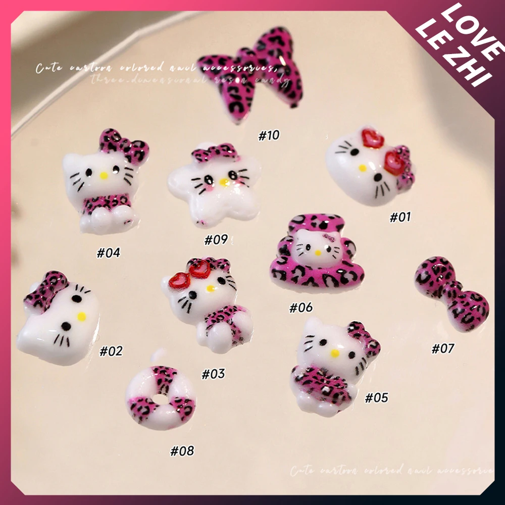 

20Pcs Cartoon Leopard Print Hello Kitty Nail Tips Charms Ornament Acrylic Diy Sunglasses Bowknot Party Sticker Nail Accessories