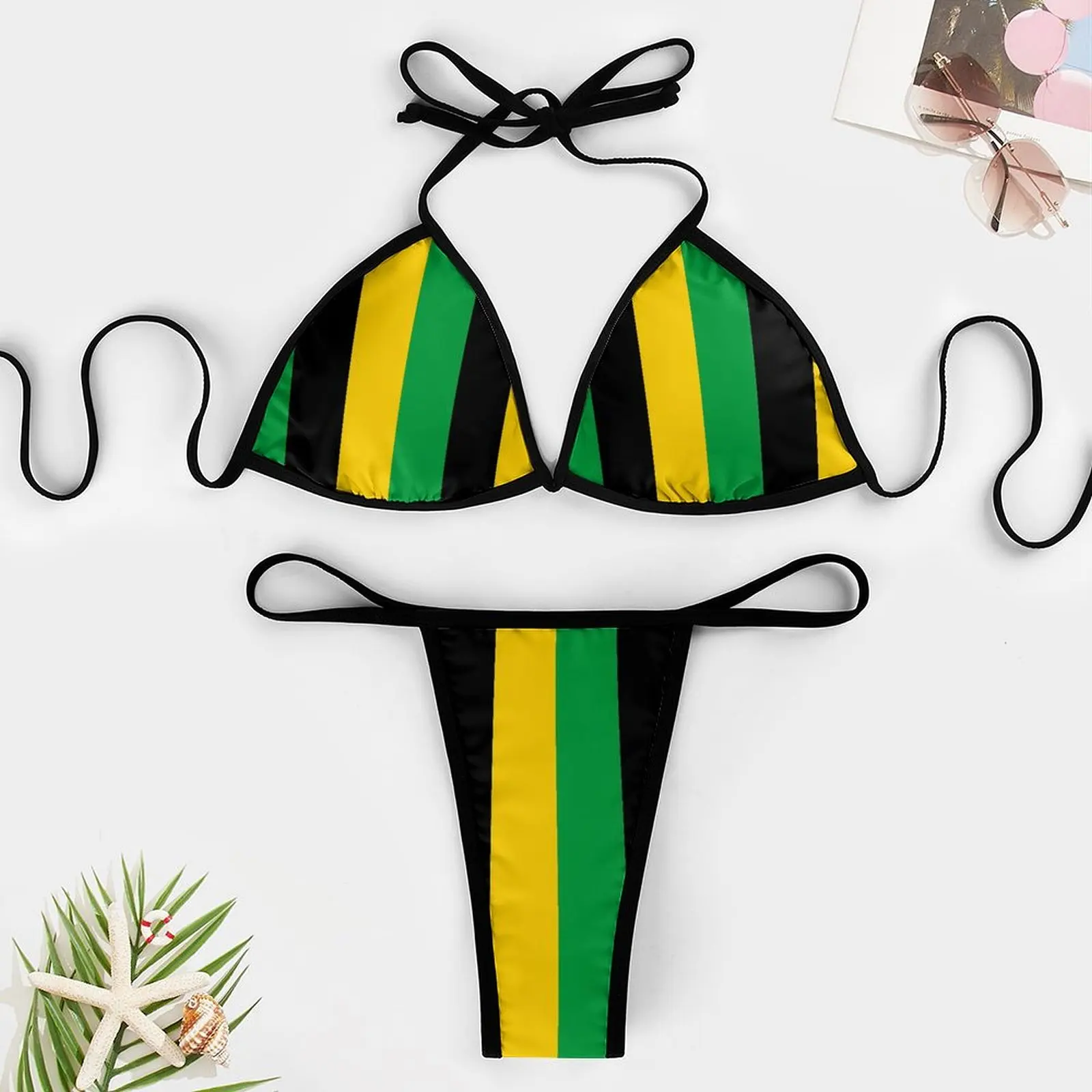 Baju renang Bikini motif bendera Jamaika seksi pakaian renang Bikini Thong bergaris vertikal setelan baju renang lucu Push Up dapat disesuaikan