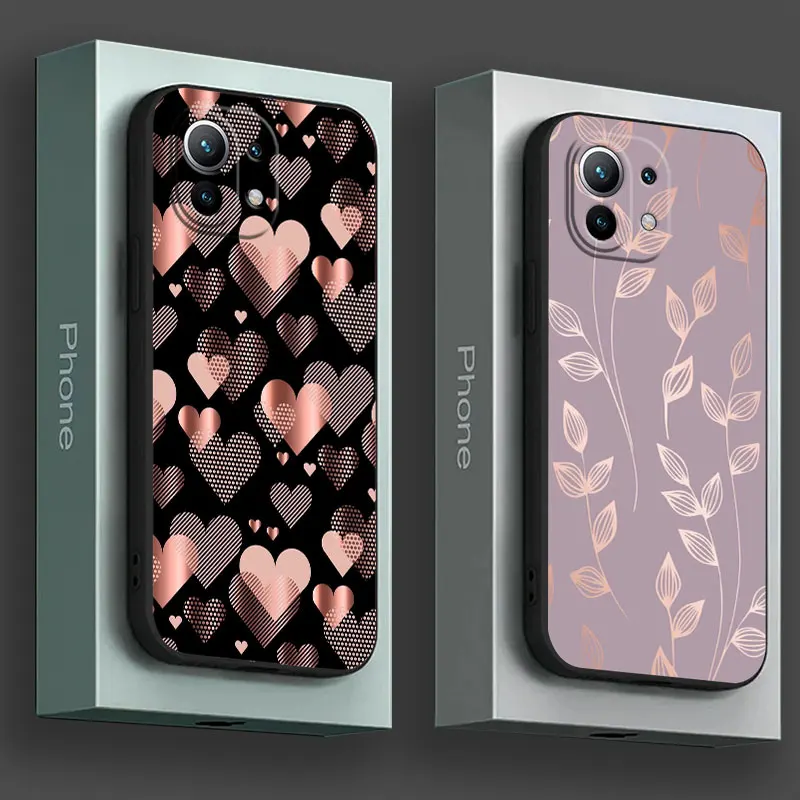 Gold Pink Rose Leaf Glitter Hearts Phone Case For Xiaomi 14T 13T 12T 11T 14 Pro 11 Lite Poco X3 X4 X5 X6 M5 F5 F6 Pro Soft Cover