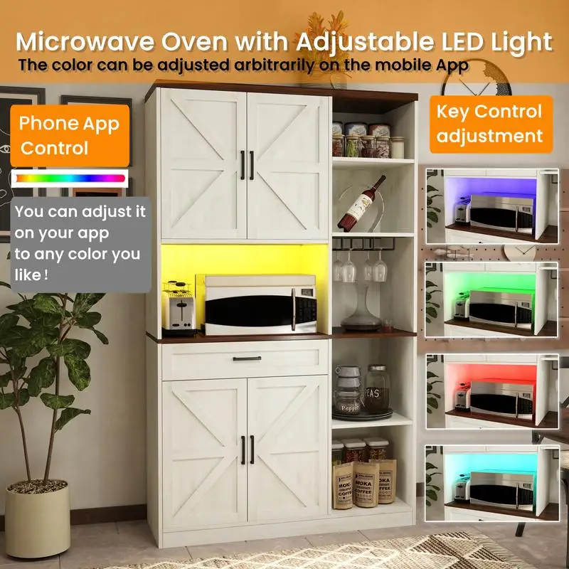 Aparador multifuncional de despensa de cozinha com armário, gaveta e suporte de vidro, suporte para micro-ondas com estação de carregamento para