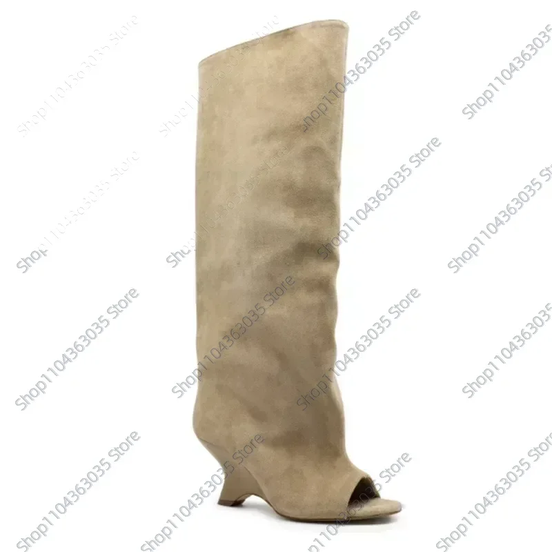 

2025 Spring/Summer New Round Head Thick High Heels Knee Boots Slope Heel Fish Mouth Women's Long Boots Botas de mujer