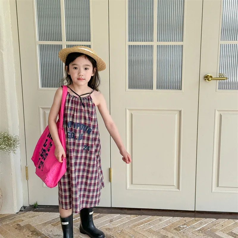 2024 Summer New Children Sleeveless Sling Dress Baby Girl Letter Print Plaid Dress Casual Princess Dress Cotton Kids Clothes