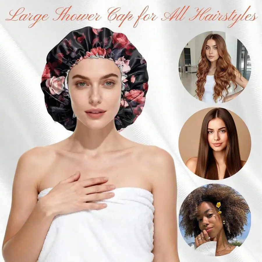 

Reusable Double Layer Adjustable Waterproof Shower Cap For Women Rose Print