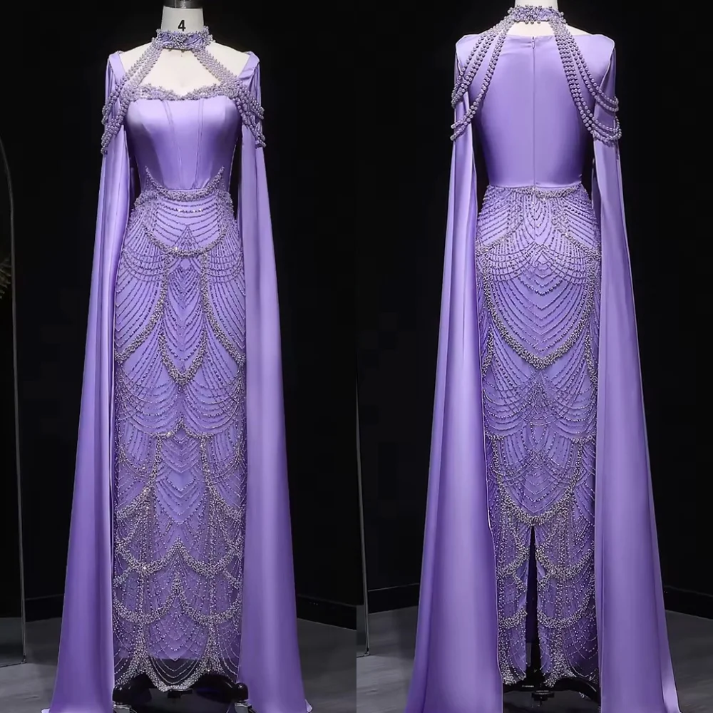Customized Simple Light Purple Satin Evening Dress Exquisite High Neckline Long Sleeves Zipper Back Pearls Beading Party Dress