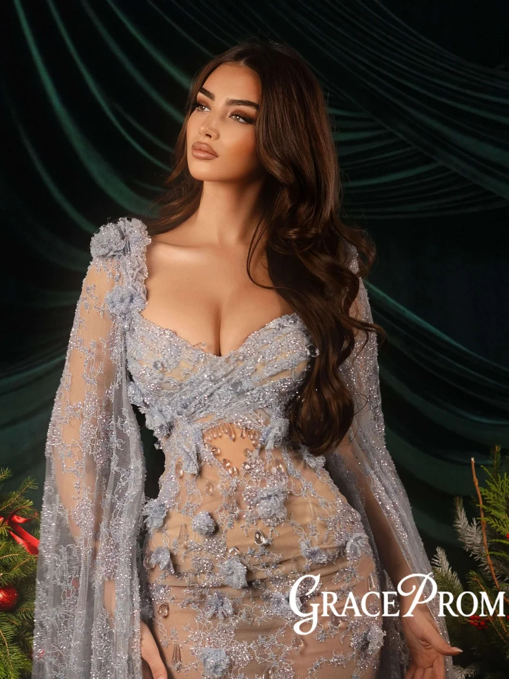 

New 3D Floral Beaded Lace Evening Dress Elegant Cape Sleeve Straight Long Wedding Party Gown Customized Chic Red Carpet Gowns