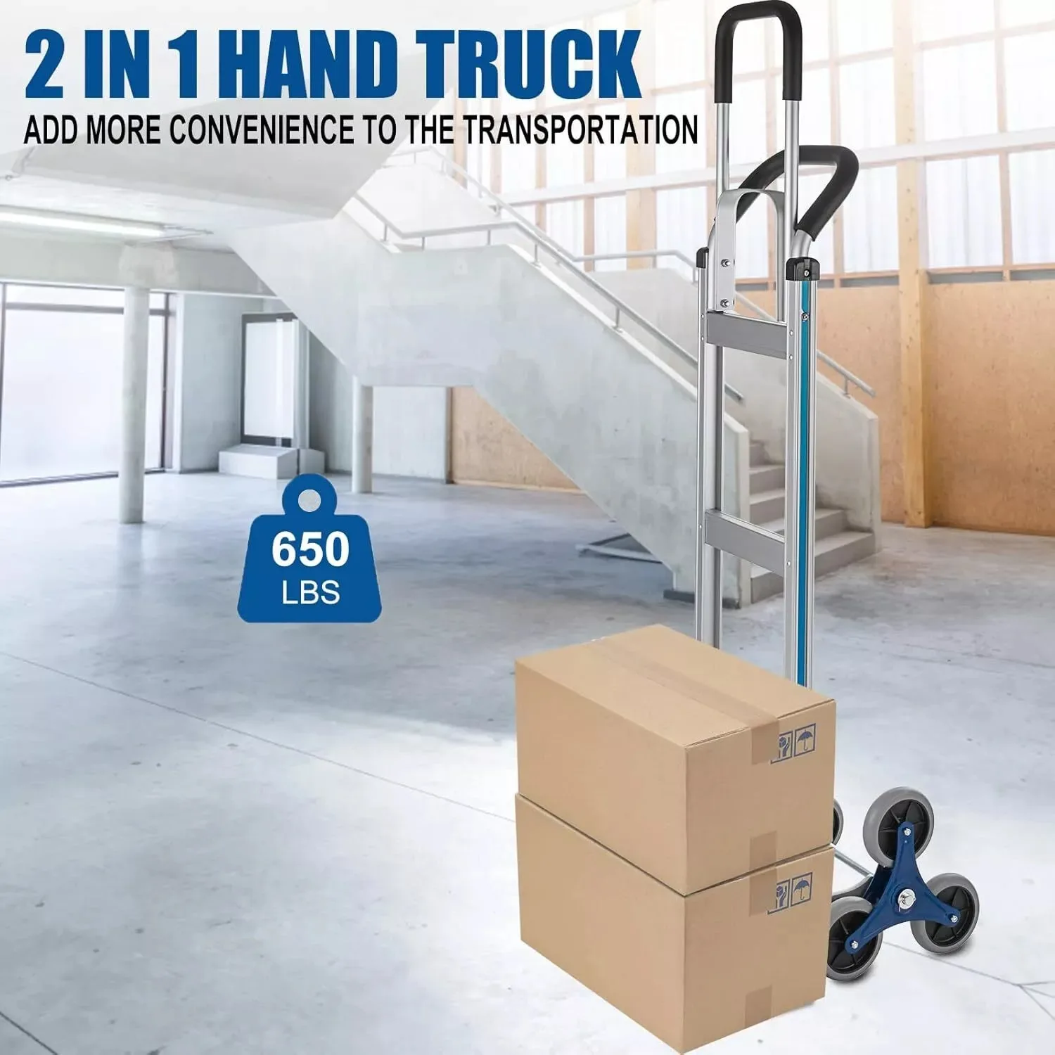 Carrinho de escalada de escada 2 em 1, caminhão de mão resistente, dolly 650 lbs, caminhões de mão com alça ajustável, carrinho dobrável