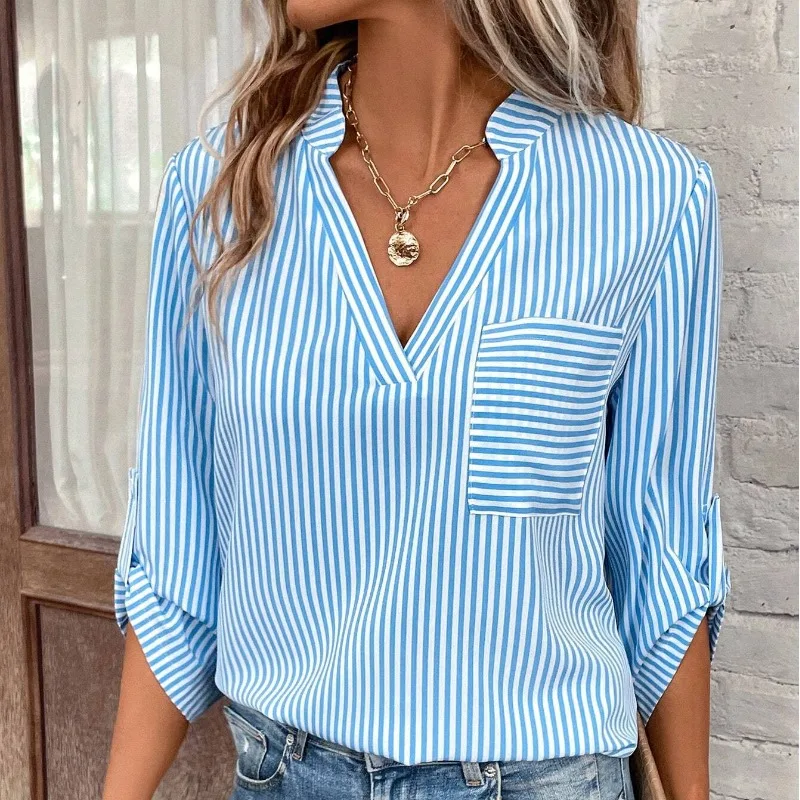 Shirts & Blouses 2025 Women Spring Pullover V-neck Printed Pocket Fashionable And Simple Long Sleeved Shirt Camisas De Mujer