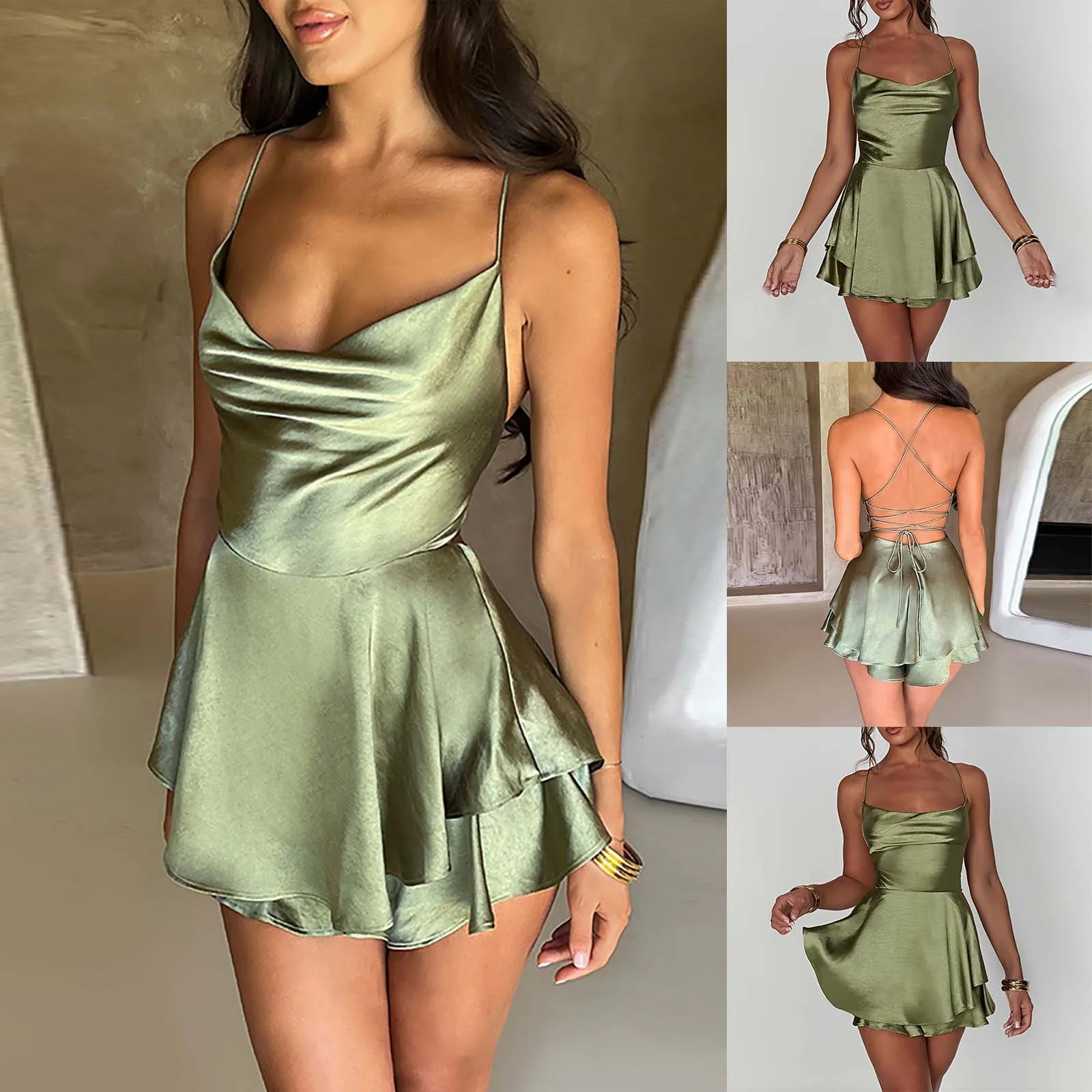 

Sexy Satin Mini Dress Women Spaghetti Strap Crisscross Back Layers Dresses Female Summer Y2k Slip Evening Party Dress Vestidos