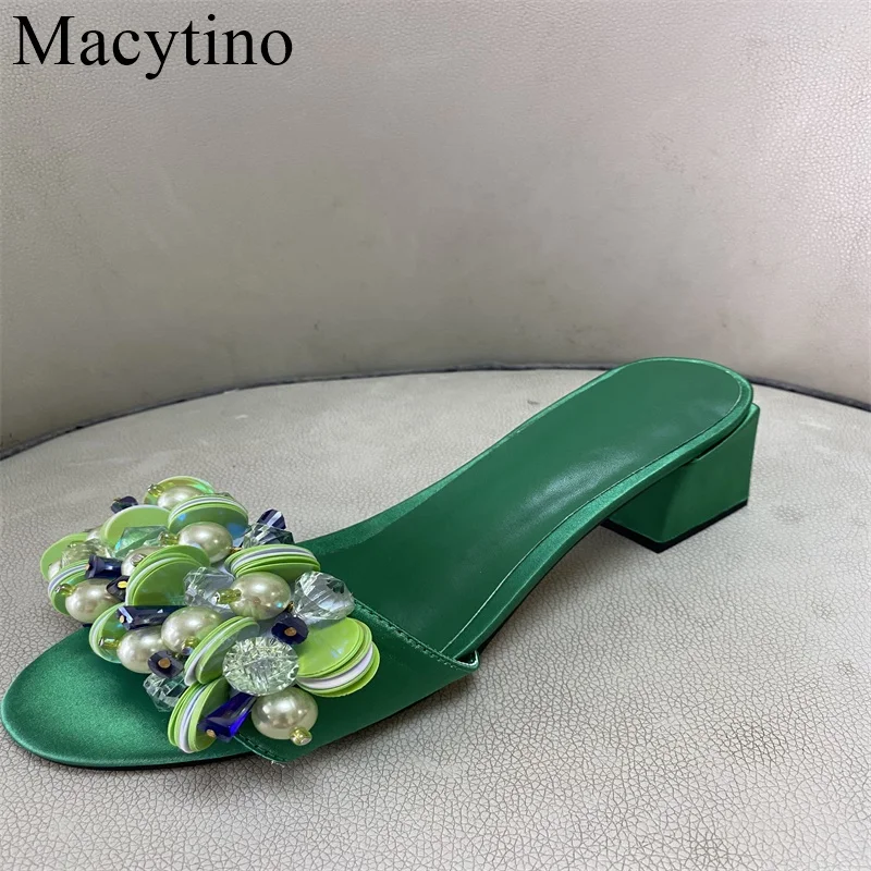 Flower Gem Rhinestone Decoration Ladies High Heel Green Slippers Low Heel Lady Shoes