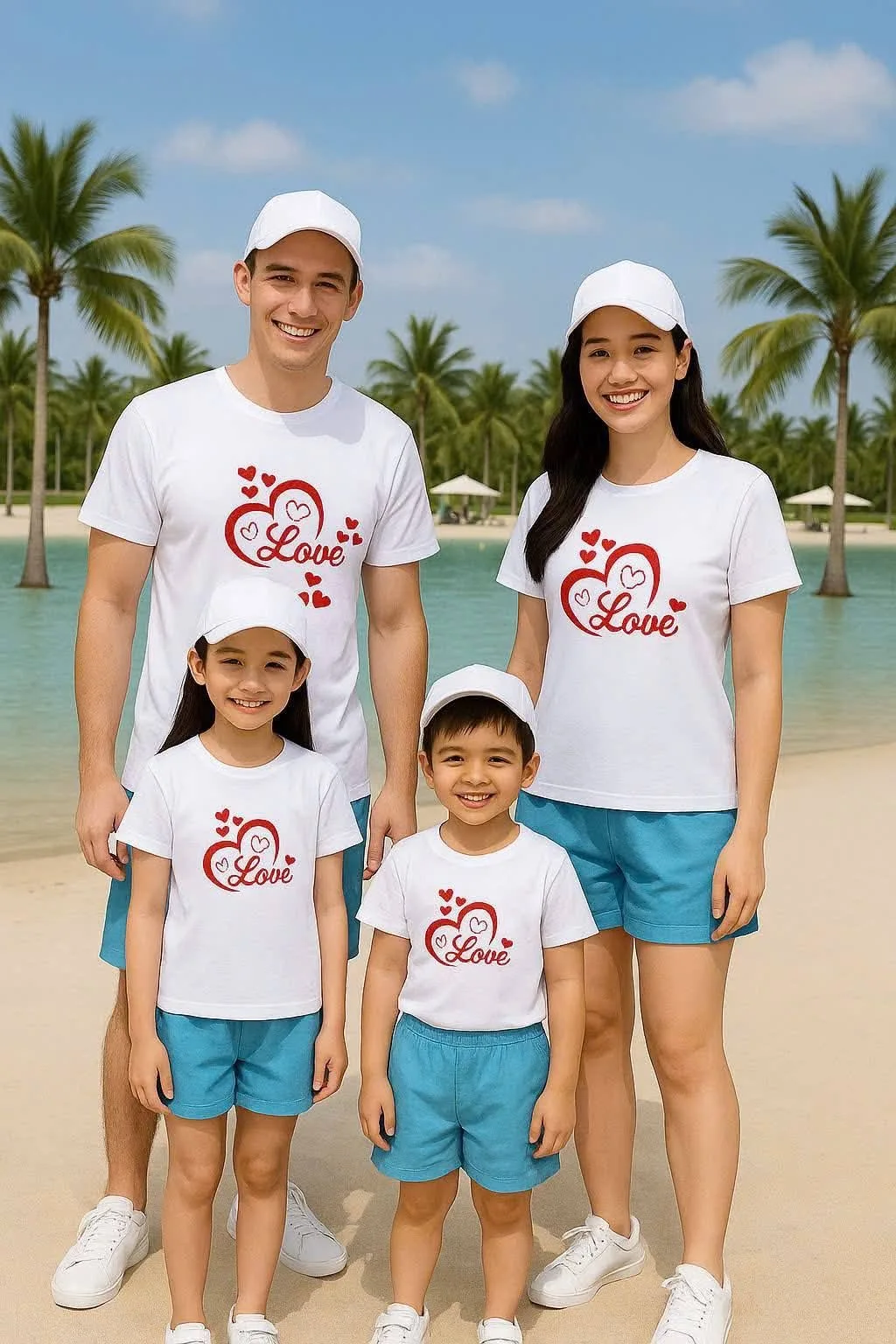 Red Love Heart Print Family Matching T‑Shirts Mom Dad Kid Short Sleeve Tees Casual Family Look Parent‑Child Summer Beach Outfits