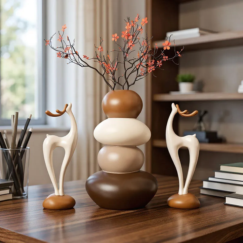 Lucky Stone Vase with Deer Tabletop Decoration for Living Room, Dining Room, TV Cabinet - Housewarming Gift for Friends