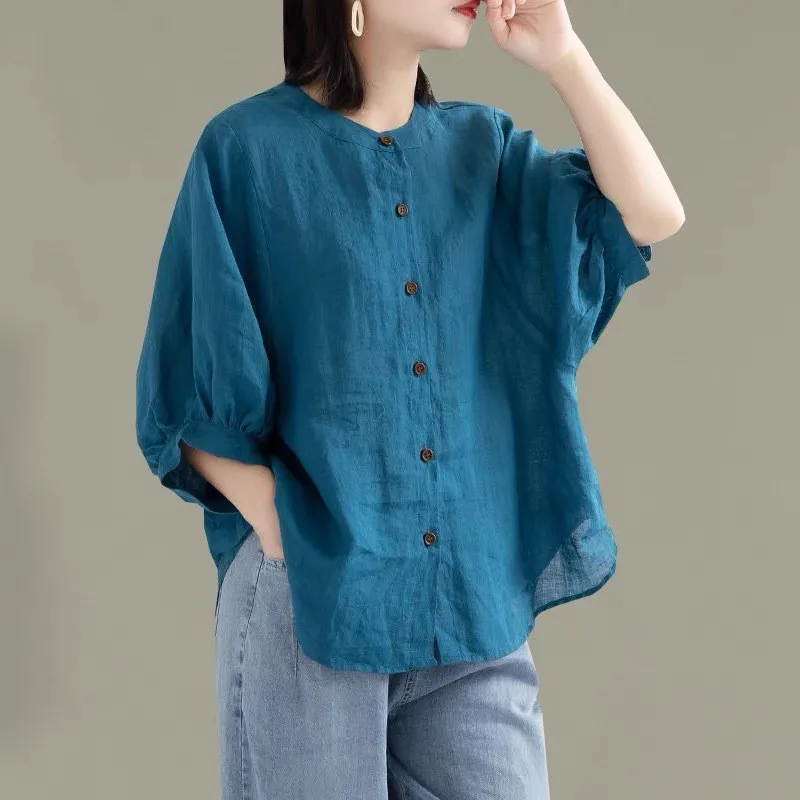 

Casual Cotton Shirts 2026 Summer Oversize Solid color Lantern Sleeve Stand Collar Single-breasted Tops Blouse Large Size Shirt