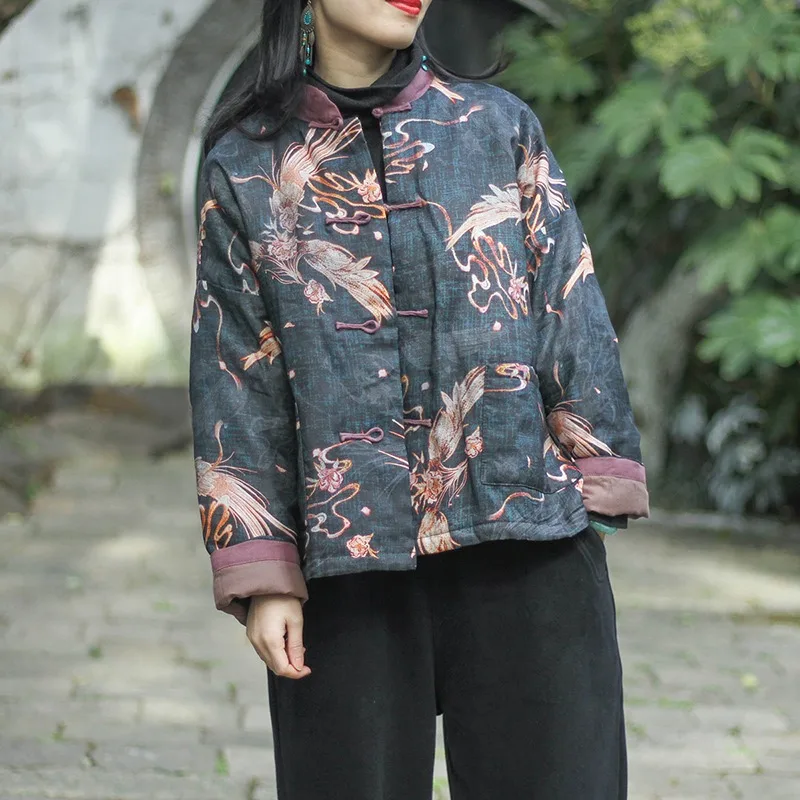 

Warm Cotton Jaet Chinese Sle Floral Print Cotton Liner Button up Retro Coat Loose Fit Long Sve Stand Collar Outerwear