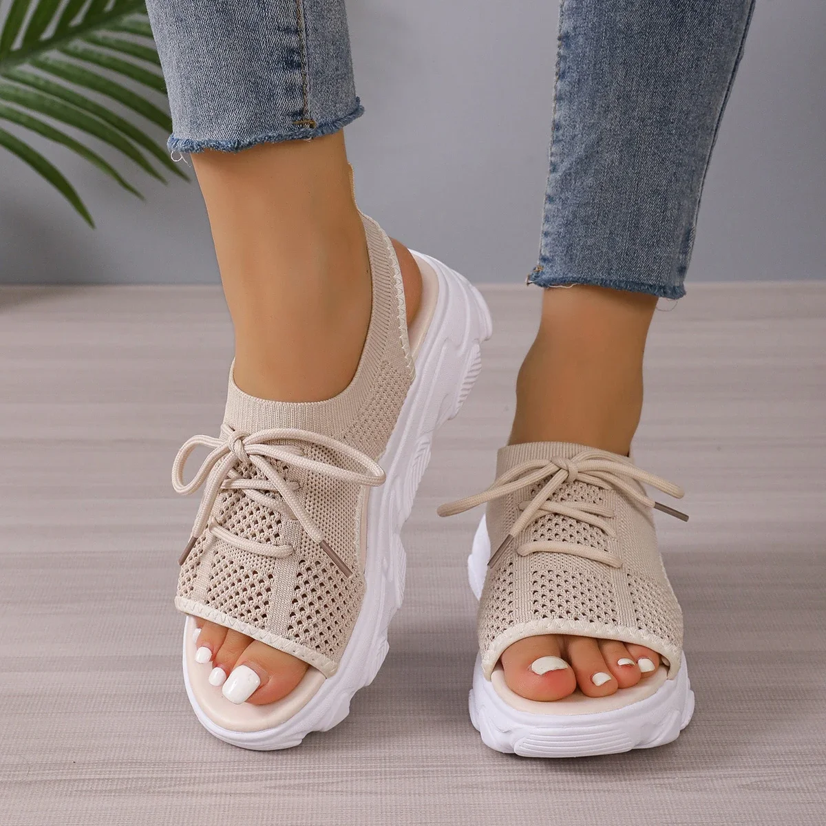 Fashion Lace-up Women Sandals Summer New Mesh Peep Toe Thick Sole Platform Non-Slip Sandals Wedge Heel Casual Sports Girl Shoes