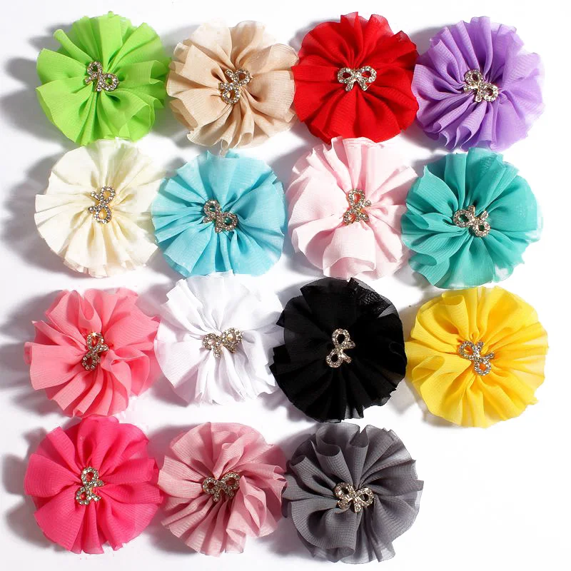 

120pcs/lot 6.5cm 15colors Hair Clips Chiffon Flowers With Rhinestone Bow For Kids Hair Accessories Fabric Flowers For Headbands
