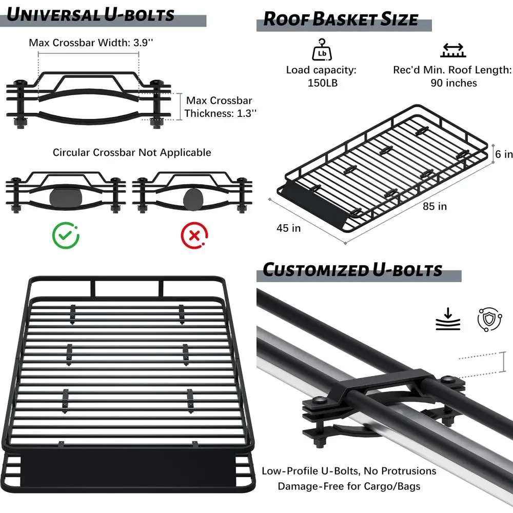 

Extra Wide 85 x 45 Rust-Proof SUV Roof Rack, 150 lbs Capacity, Easy Assembly, Black Steel Cargo Carrier