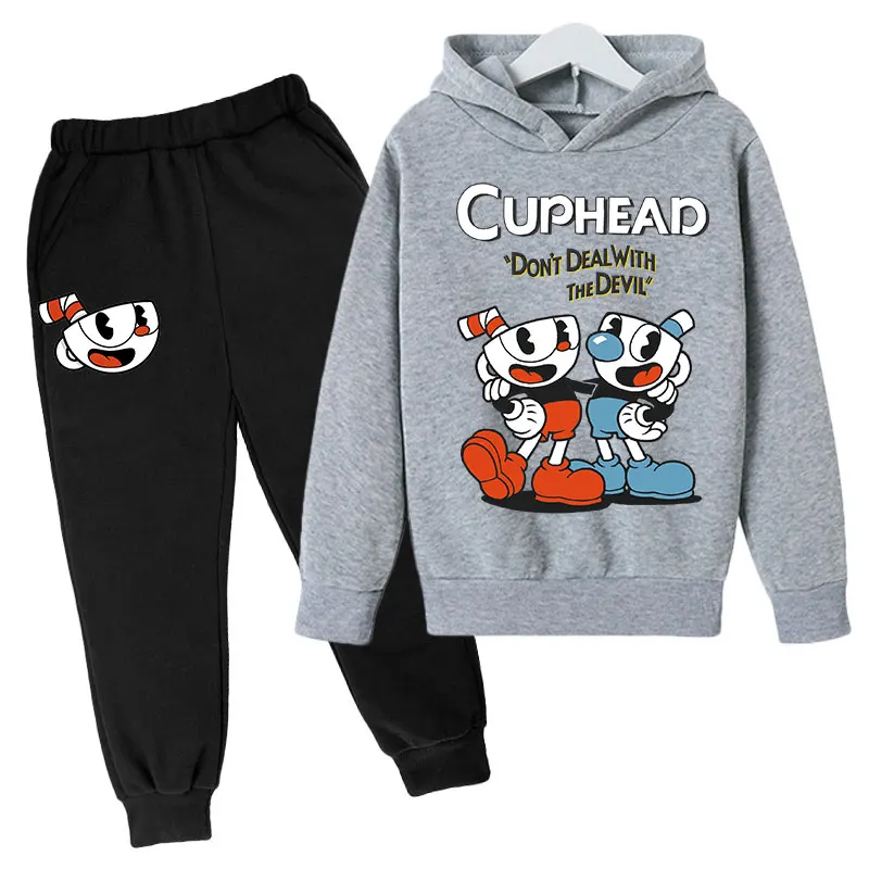 Kids Clothes Game Cuphead Mugman cotton hoodie+pants 2-piece Spring Autumn Childrens Clothing Sets Boys Girls Sweatshirts Suit