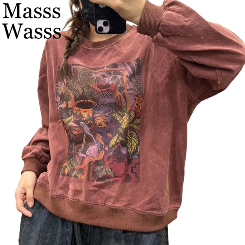 

Masss Wasss 2026, винтажные повседневные футболки с принтом, женские весенние модные топы в британском стиле, женская классическая свободная одежда с круглым вырезом
