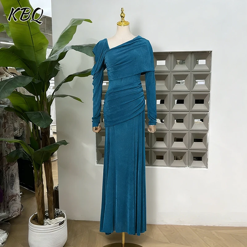 

KBQ Solid Chic Spliced Folds Slimming Evening Dresses for Women V Neck Long Sleeve High Waist Elegant Dress Demale Winter New