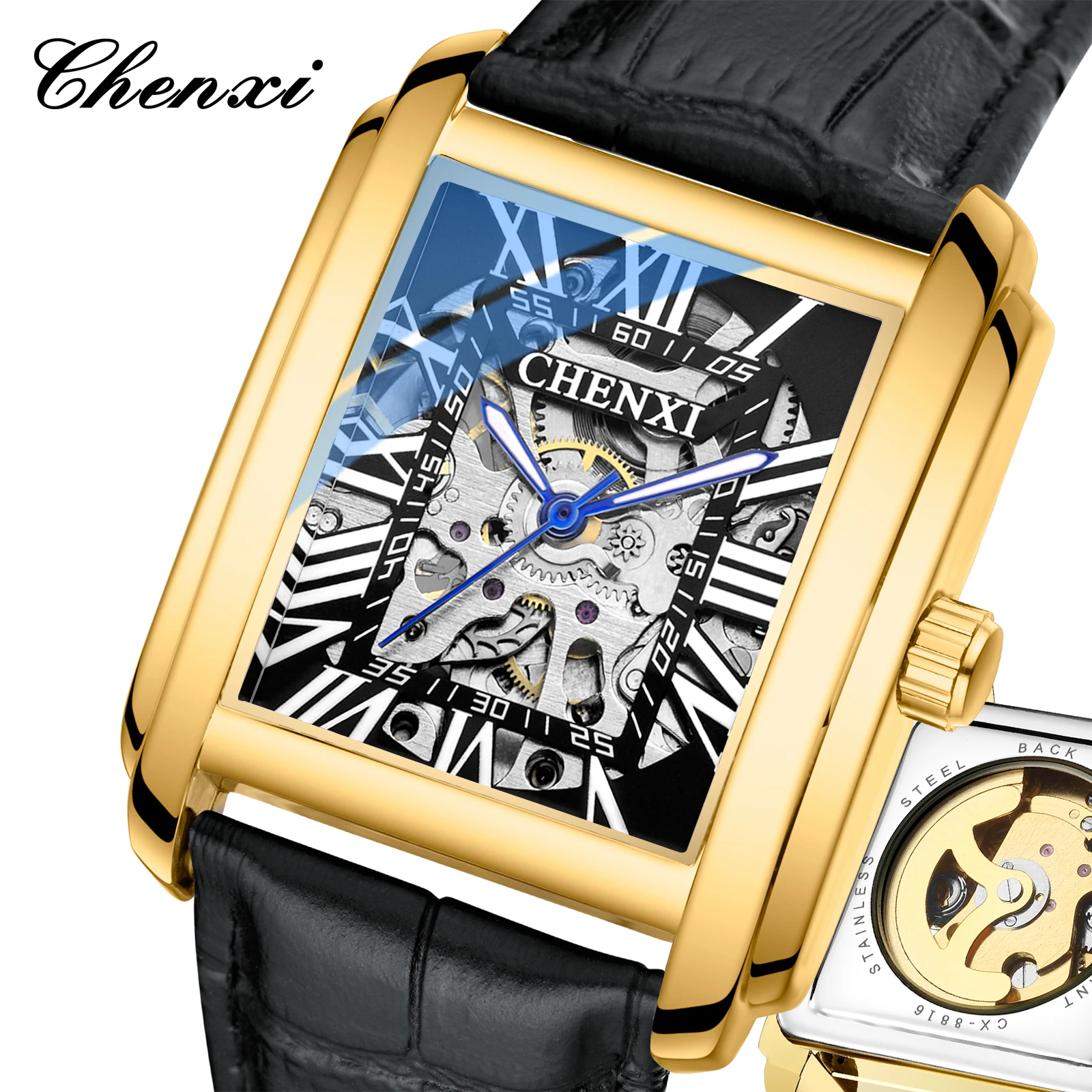 Montre mécanique automatique carrée de luxe CHENXI pour homme, cadran squelette doré, bracelet en cuir marron, montre-bracelet vintage pour affaires