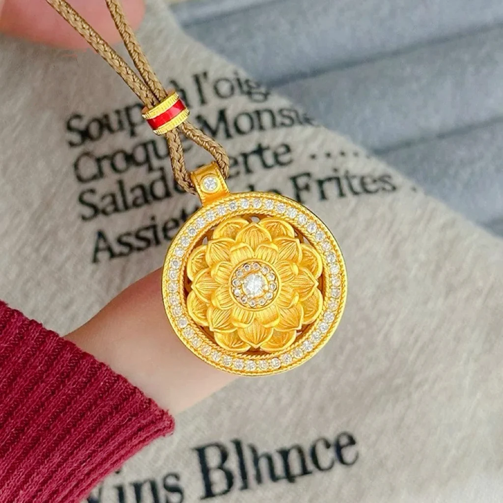 

Women's Diamond Lotus Medallion Necklace, 24K Gold, AU999 | Enameled Dunhuang mural hues, rustic-luxury cultural symbolism.