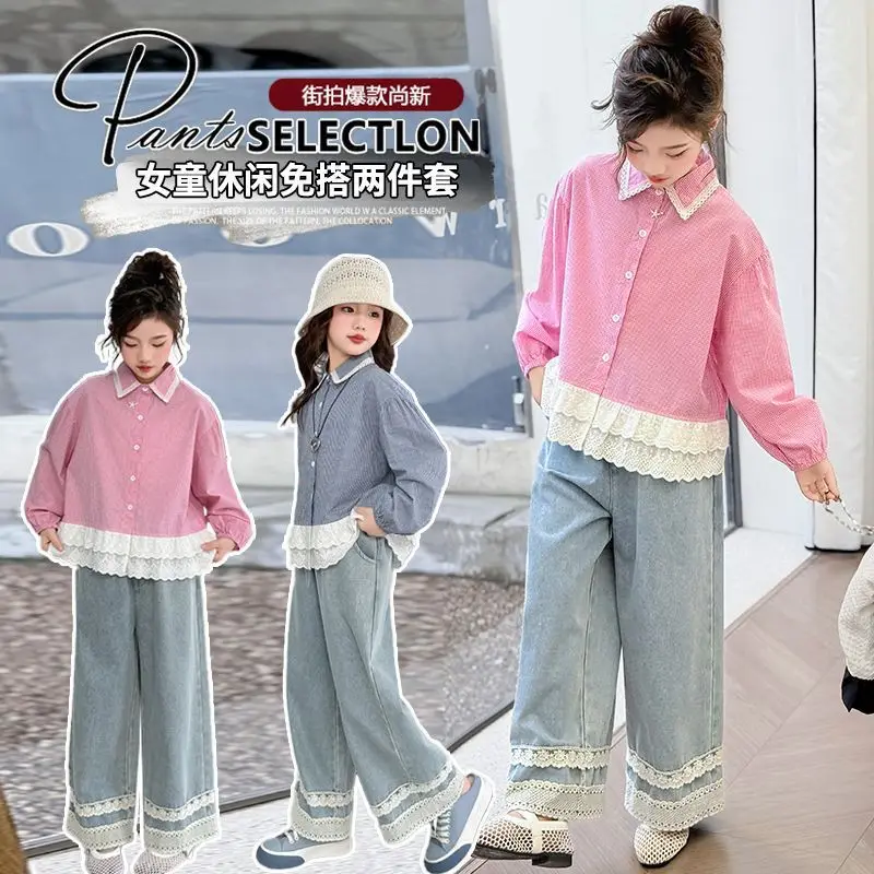 

Kawaii Girl Fashion Shirt Jeans Set Student Spring and Autumn Cartoon Casual Tops Wide-Leg Pants 2-Piece Set Children's Clothing