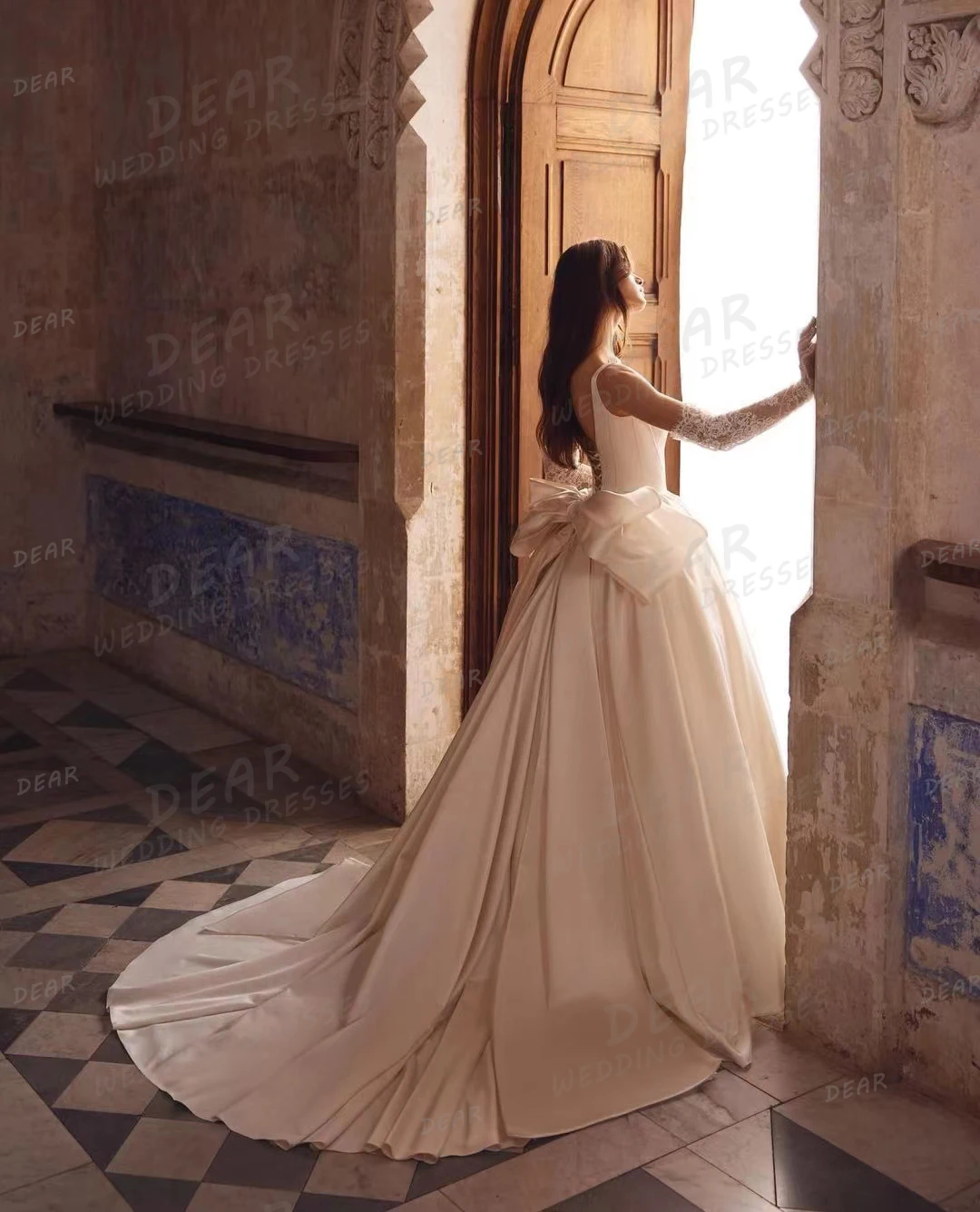 Vestidos de novia con cuentas de lujo para mujer, ropa de boda de línea A, Sexy, con cuello de barco, con lazo para baile de novia, plisado, de satén, Formal, elegante, sin mangas, 2024