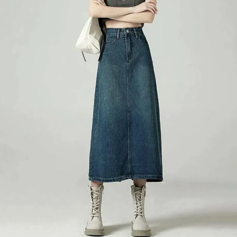 تنانير نسائية من قماش الدنيم بفتحة خلفية ميدي ملابس خروج فضفاضة عتيقة أنيقة على شكل حرف a نمط كوري غير رسمي للسيدات ربيع Faldas بسيط