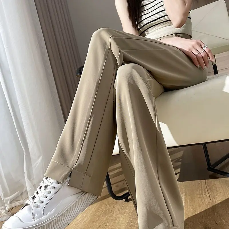 

Women's Spring and Autumn High Waist Drape Straight Trousers Khaki Small Casual Narrow Wide-leg Pants Temperament Trousers New