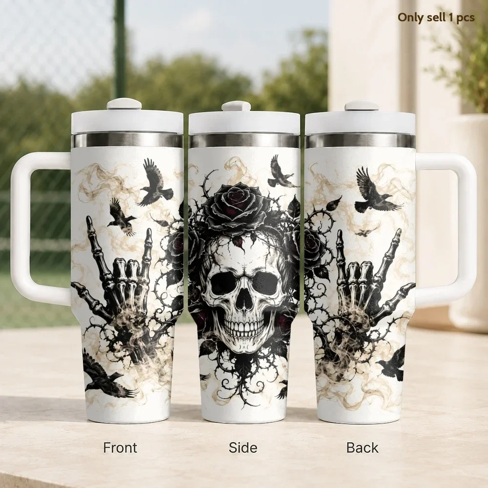 Gothic Skull Rose Ravens Vacuum Flasks 40oz Stainless Steel Insulated Tumbler with Handle & Straw Leakproof Travel Mug