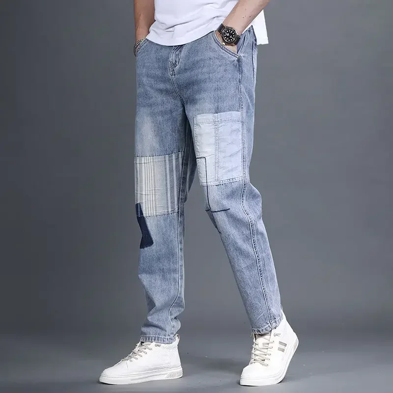 

Male Cowboy Pants Casual Trousers Baggy Light Blue Jeans for Men Cropped Spliced Spring Autumn Large Size High Quality Original