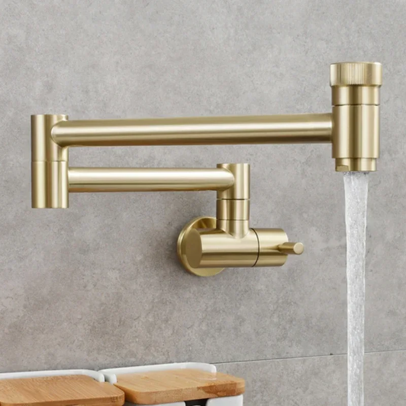 Brushed Gold Fold Wall Mounted Retractable Pot Filler Kitchen Sink Cold Outlet