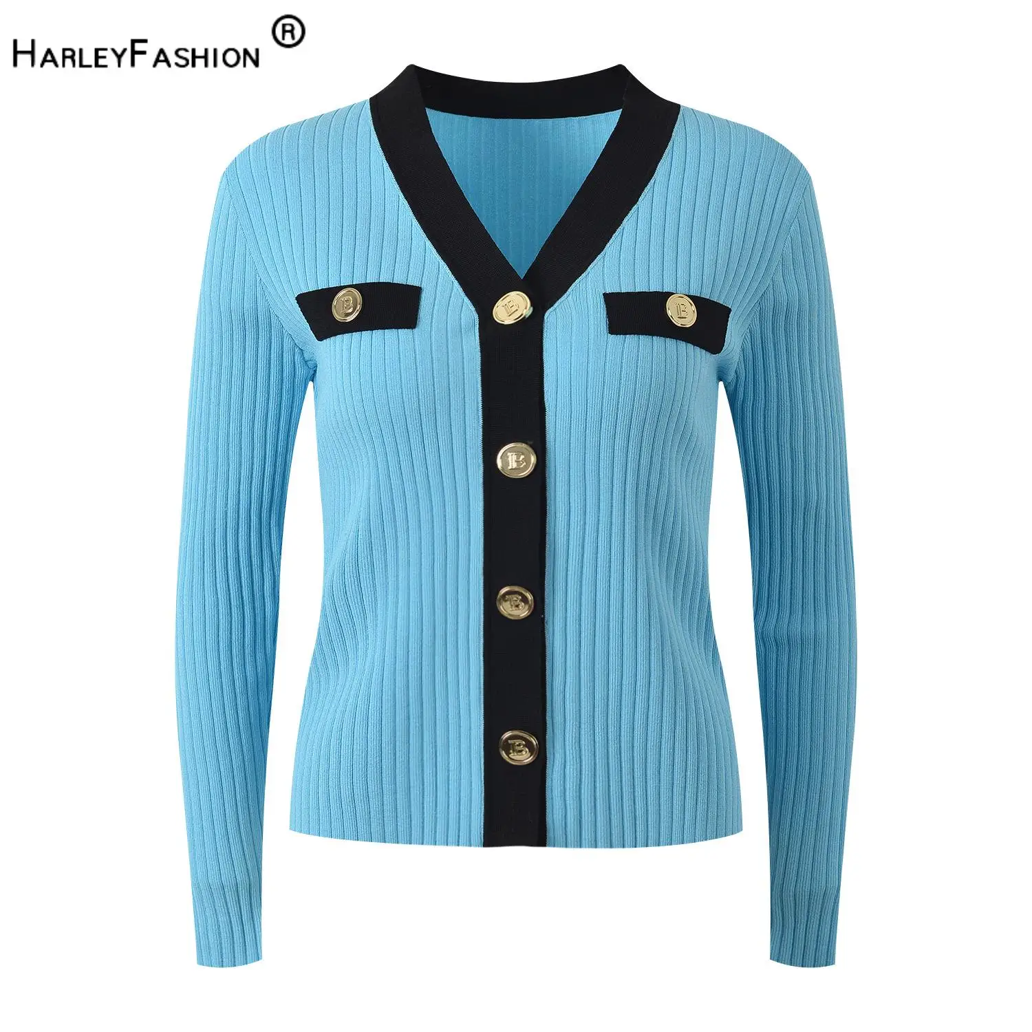 2024 Lady Elegant Style Autumn Winter Vintage V-neck Long Sleeve Single-breasted Coat Women Colorblock Knits Cardigan