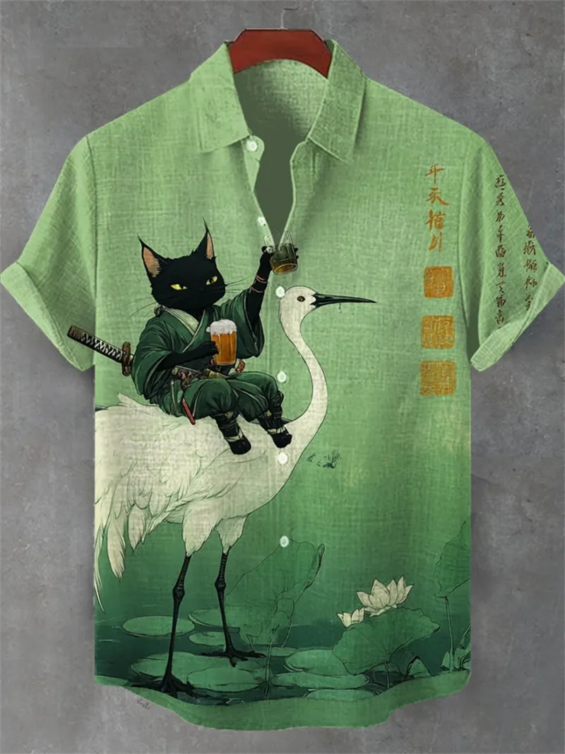 Men's new comfortable linen short sleeved shirt with 3D snake print pattern button up short sleeved top