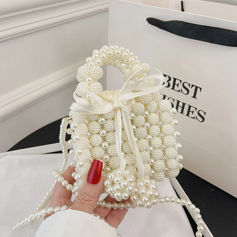 

Pearl Mini Women's Handbag Square Elegant Bow Decor Purse with Detachable Shoulder Strap Crossbody Bag for Wedding & Party