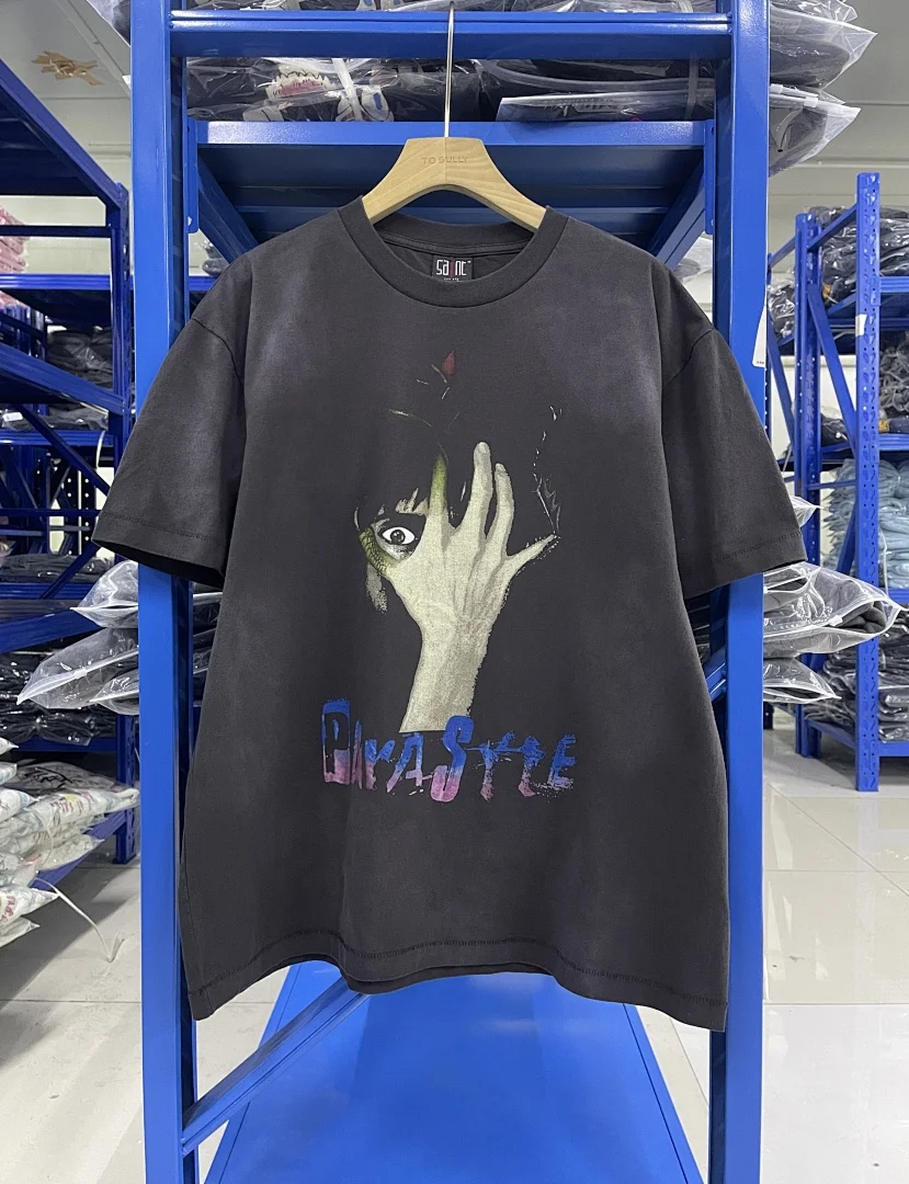25ss Saint Famous Anime Printed Washed Vintage Distressed Women Men T-shirt Hiphop Oversized Men Casual Cotton T shirt Summer