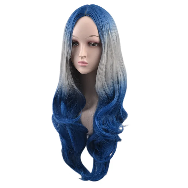 Peruka damska europejska i amerykańska, długa, kręcona, z dużymi falami, dwukolorowa, gradientowa, z włókna syntetycznego, z czepeczkiem.