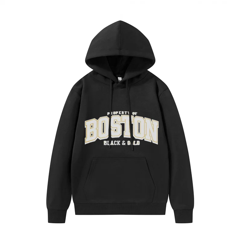 هوديي رجالي بوسطن طباعة سوداء وذهبية متعة طباعة بوسطن Blackandgold قماش تنفس