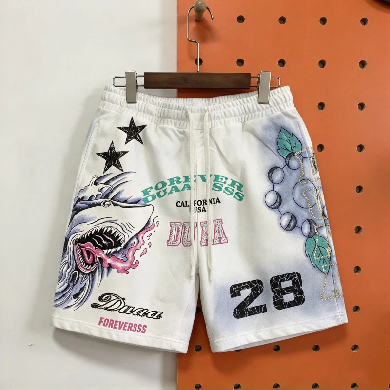 Retro Washed Tie Dye Rhinestone Letters DUAA Shorts Graffiti Shark Print Crack No. 28 Drawstring Pants Men Women Streetwear