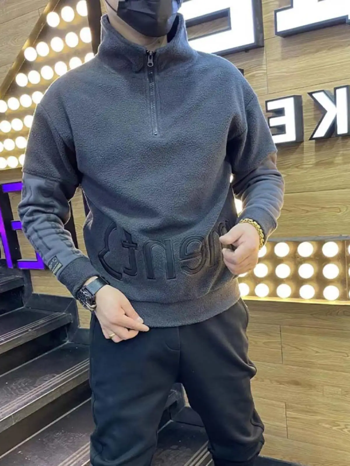 

Утепленная толстовка с буквенным принтом для мужчин, осенне-зимняя новинка, с длинным рукавом, из флиса, с воротником-стойкой, базовая модель