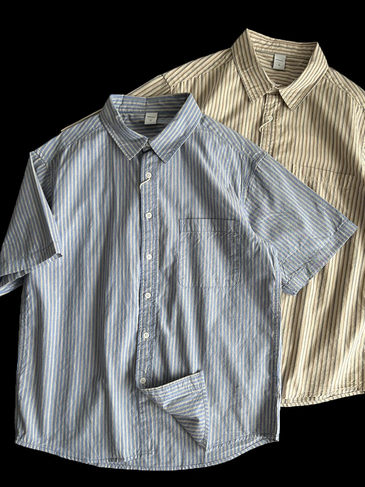 

Мужская летняя рубашка в стиле ретро из чистого хлопка в полоску, свободного кроя, с коротким рукавом, отложным воротником, универсальная, в рабочем стиле, художественная, стильная.