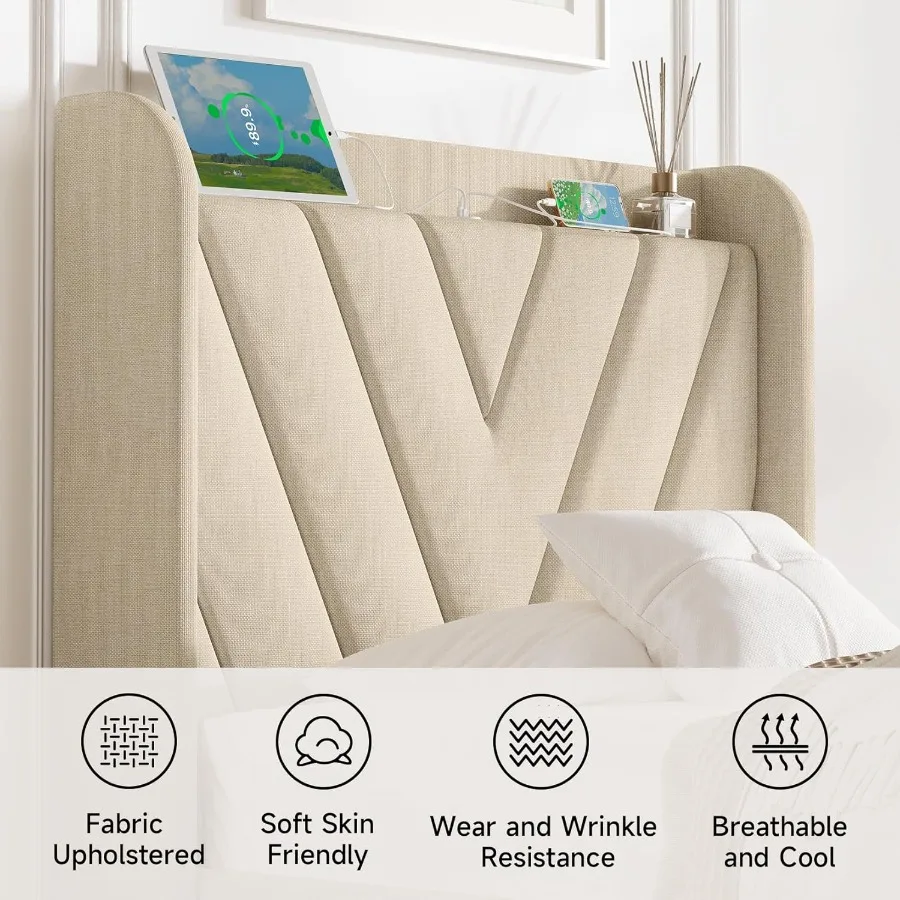 إطار سرير مزدوج الحجم مع لوح أمامي وإطار سرير منجد قابل للتعديل مع منافذ TypeCUSB للوح الأمامي للتخزين Wingback #4